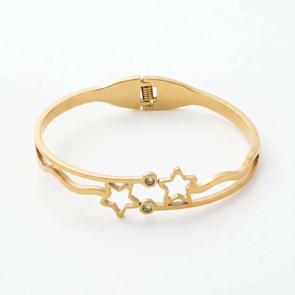 QIAOREN 13652 Open Spring Cuff Bangle with Hollow Double Star & Tiny Round Zircon Inlay, Wavy Curved Thin Gold Bangle