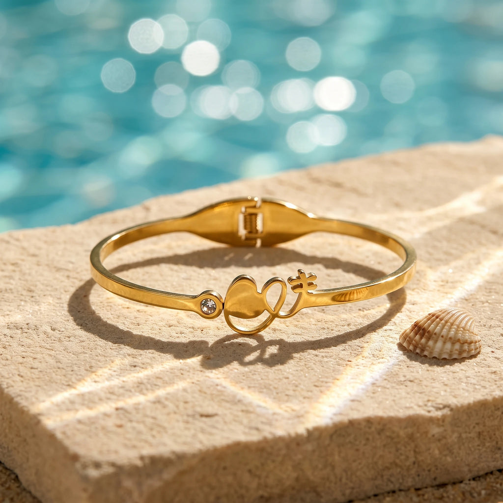 QIAOREN 13660 Spring Thin Wire Cuff Bangle with Hollow Intertwined Heart & Tiny Star Charms, Single Side Round Zircon