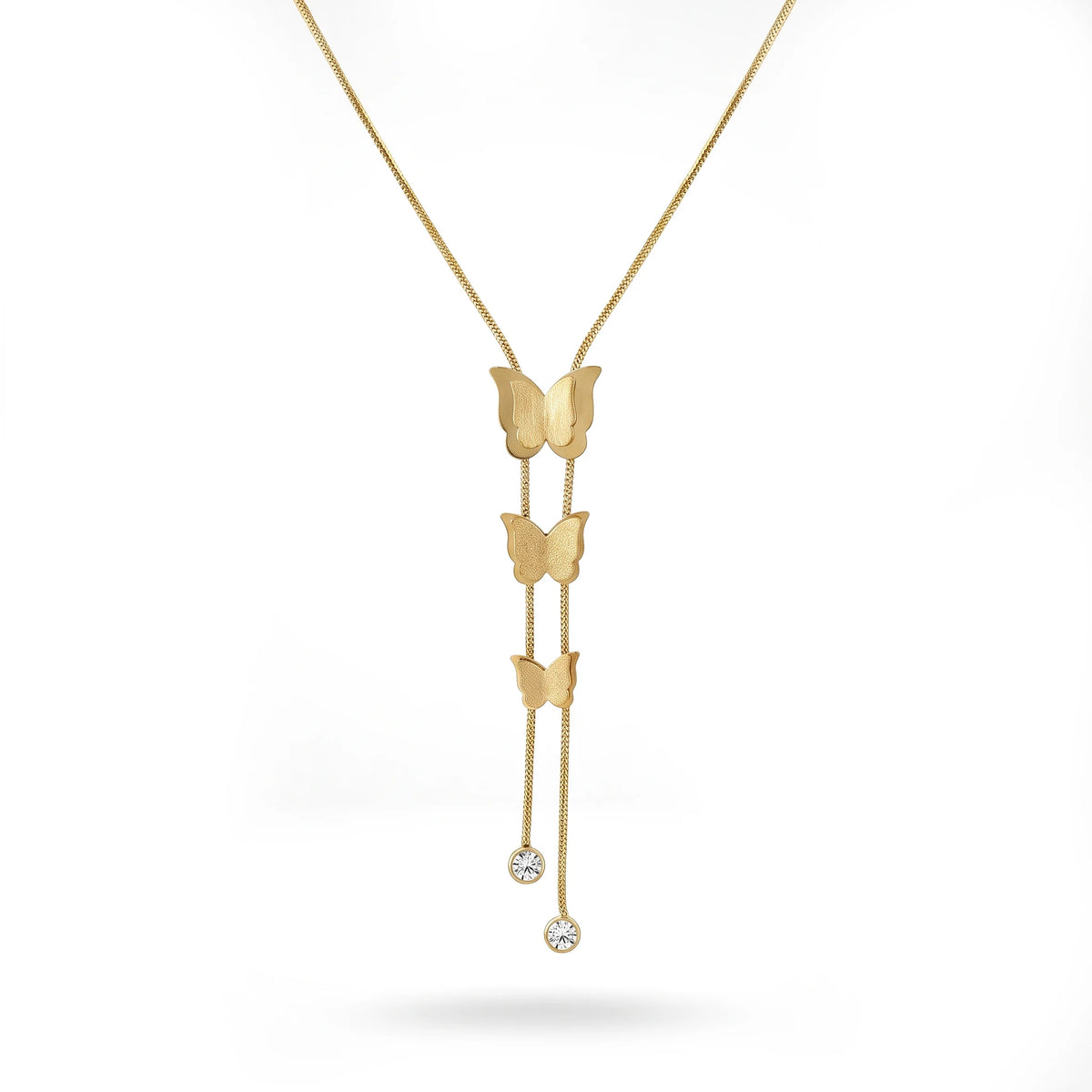 QIAOREN 13983 Smooth Snake Chain Y Drop Lariat Necklace with Three Graduated Matte Butterfly Charms & Two Round Bezel Set CZ
