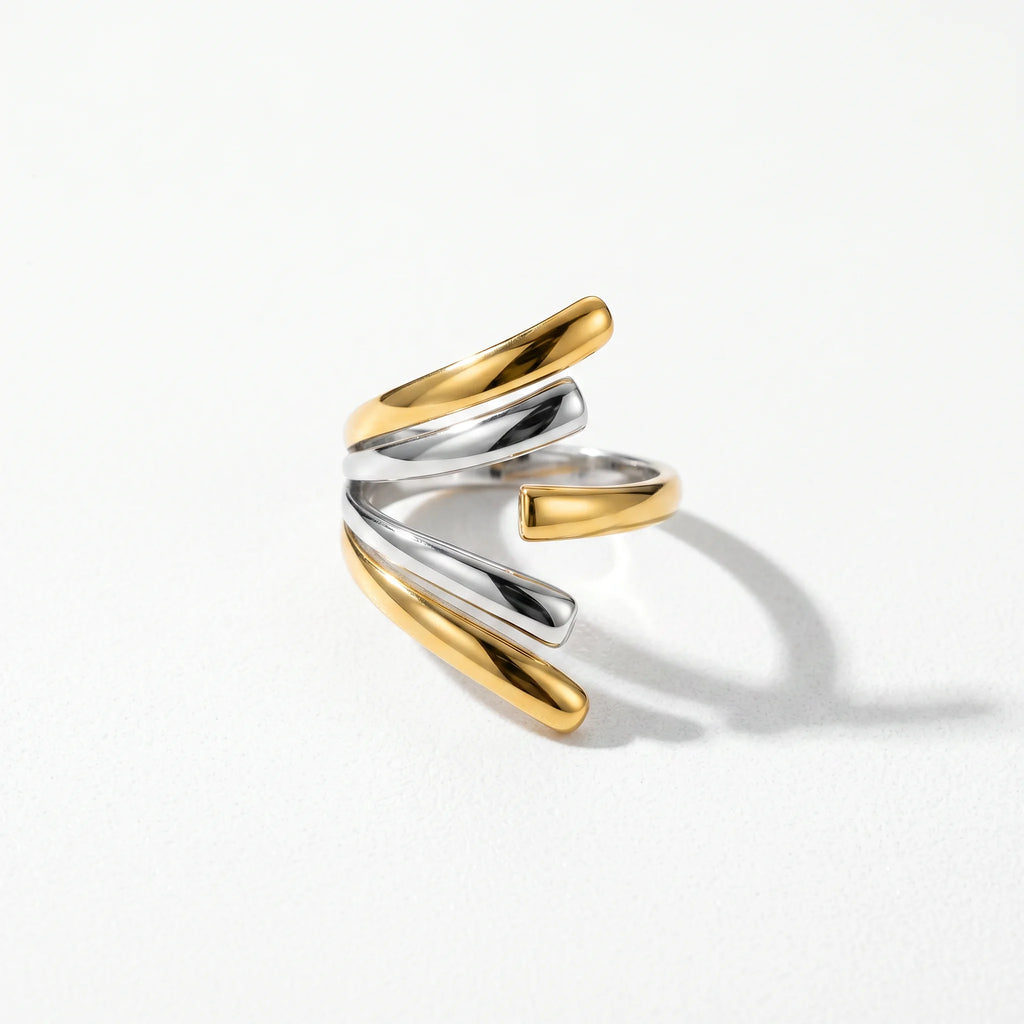 QIAOREN 12968-73 18K Gold Plated 316L Stainless Steel Two Tone Snake Star Adjustable Rings Set Tarnish Free Waterproof Jewelry