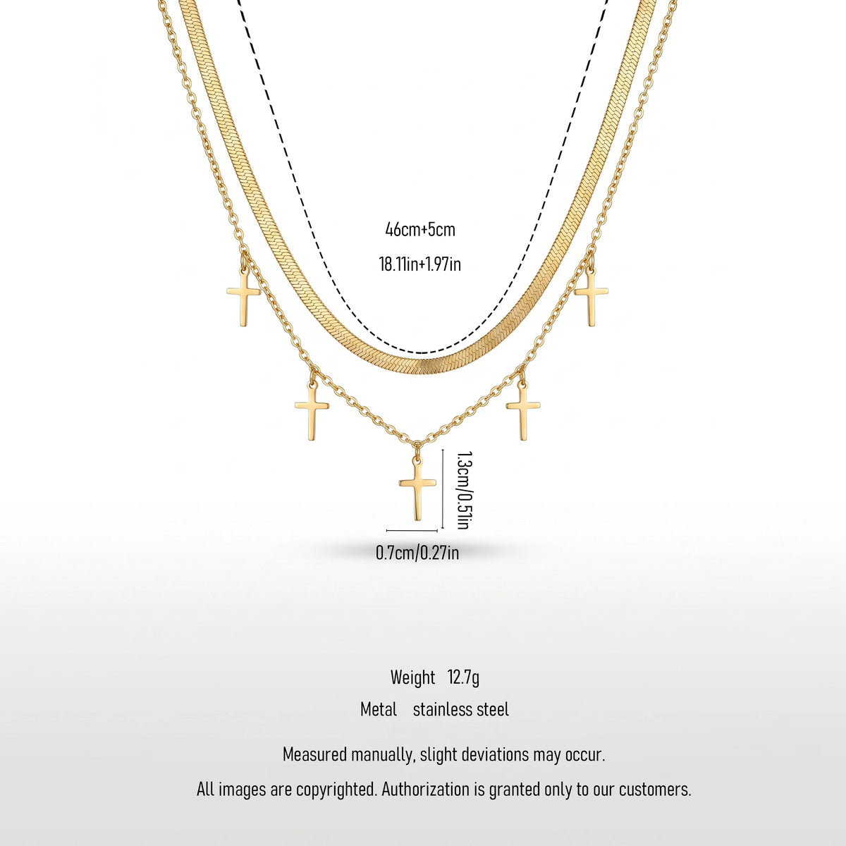QIAOREN 11901 Women's 18K Gold Plated Stainless Steel Anti-Tarnish Double Layer Herringbone Chain Trendy Party Multiple Necklace