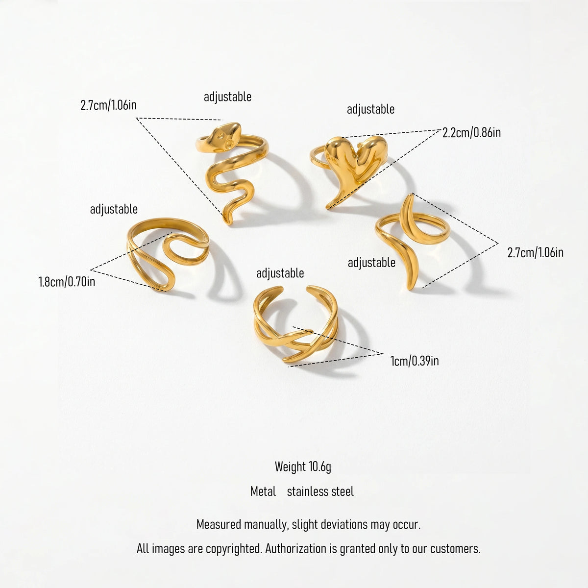 QIAOREN 13086-90 5Pcs 18K Gold Plated Stainless Steel Open Ring Set, Adjustable Stackable Heart Finger Rings