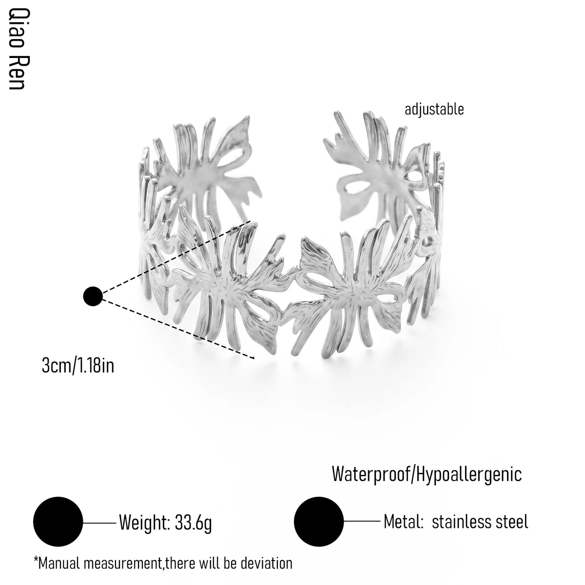 QIAOREN 14098 Stainless Steel Floral Open Cuff Bracelet Adjustable Waterproof Hypoallergenic Jewelry OEM ODM