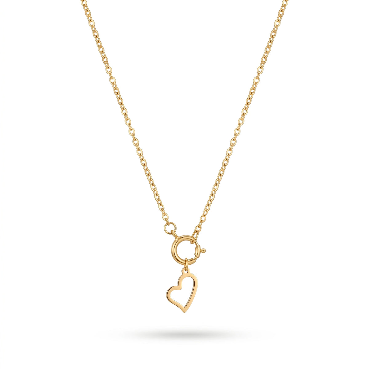 QIAOREN 11961 Pendant Necklaces Gold Plated Stainless Steel Hollow Open Heart Charm Rolo Chain Necklace
