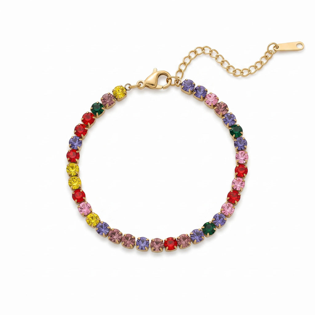 QIAOREN 13367 Gold Plated Stainless Steel Rainbow Tennis Bracelet Colorful Crystal CZ Bracelet for Women