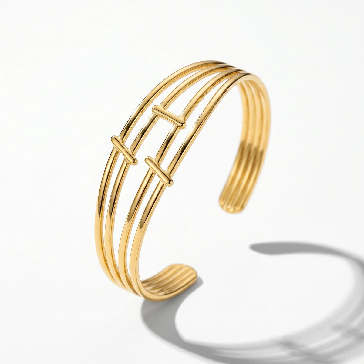 QIAOREN 12672 Sleek Triple Parallel Linked Rod Adjustable Open Cuff Bracelet Tarnish Free Stainless Steel 18K Gold  Line Wrist