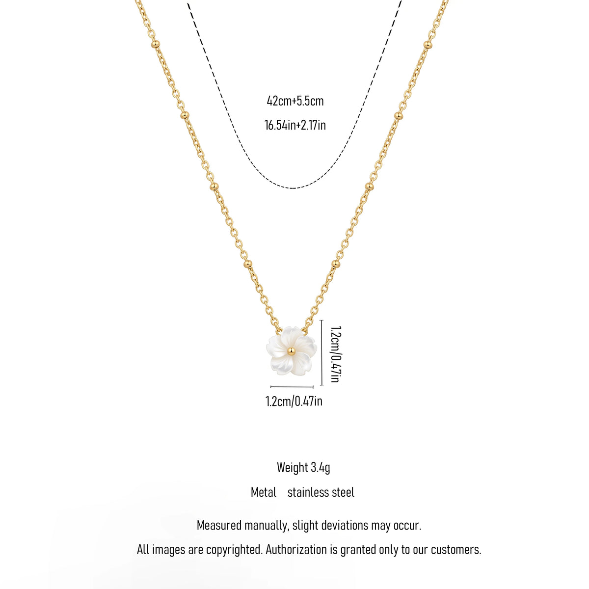QIAOREN 13523 Dainty White Shell Flower Pendant Station Necklace with Round Beaded Thin Cable Chain, Gold Tiny Floral Necklace