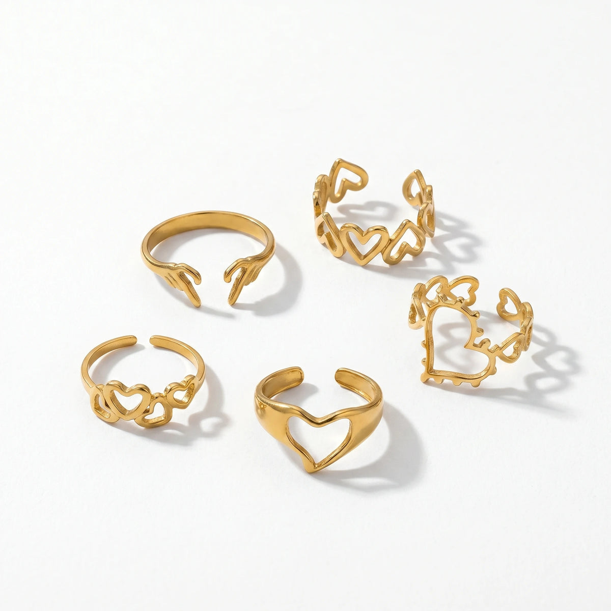 QIAOREN 13066-70 5Pcs 18K Gold Plated Stainless Steel Heart Open Ring Set, Adjustable Stackable Hollow Love Finger Rings