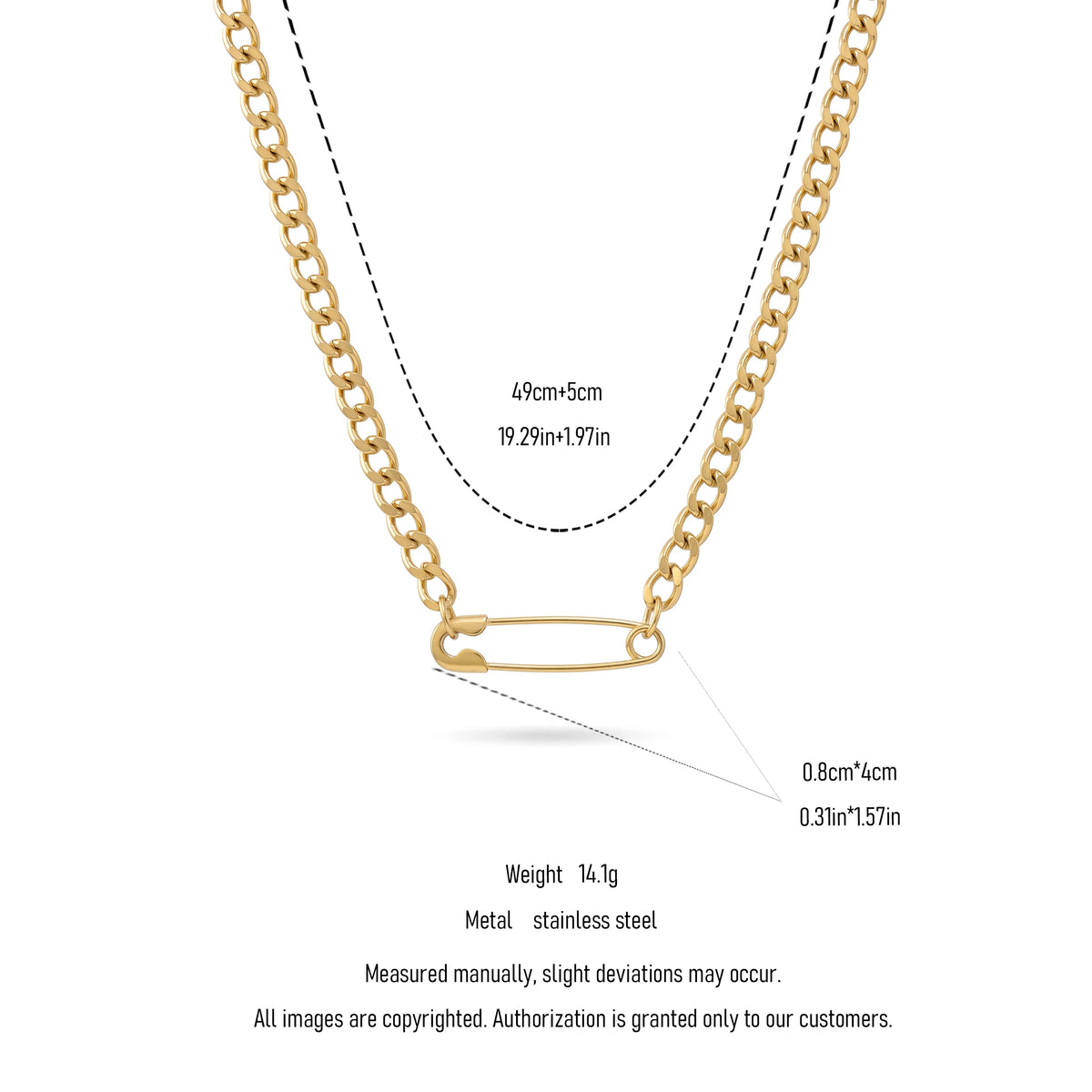 QIAOREN 11833 Edgy Chunky Safety Pin Cuban Chain Necklace 18K Gold Stainless Steel Minimalist Statement Streetwear Jewelry
