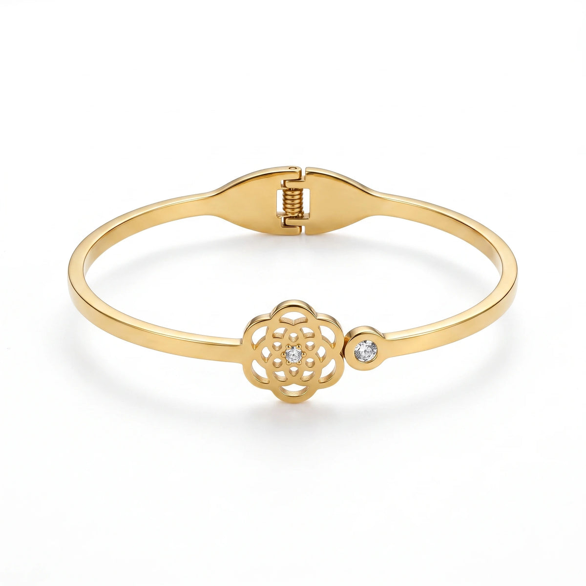 QIAOREN 13654 Spring Opening Cuff Bangle with Hollow Mandala Flower & Side Mini Zircon Dual Charms, Polished Thin Gold Bangle