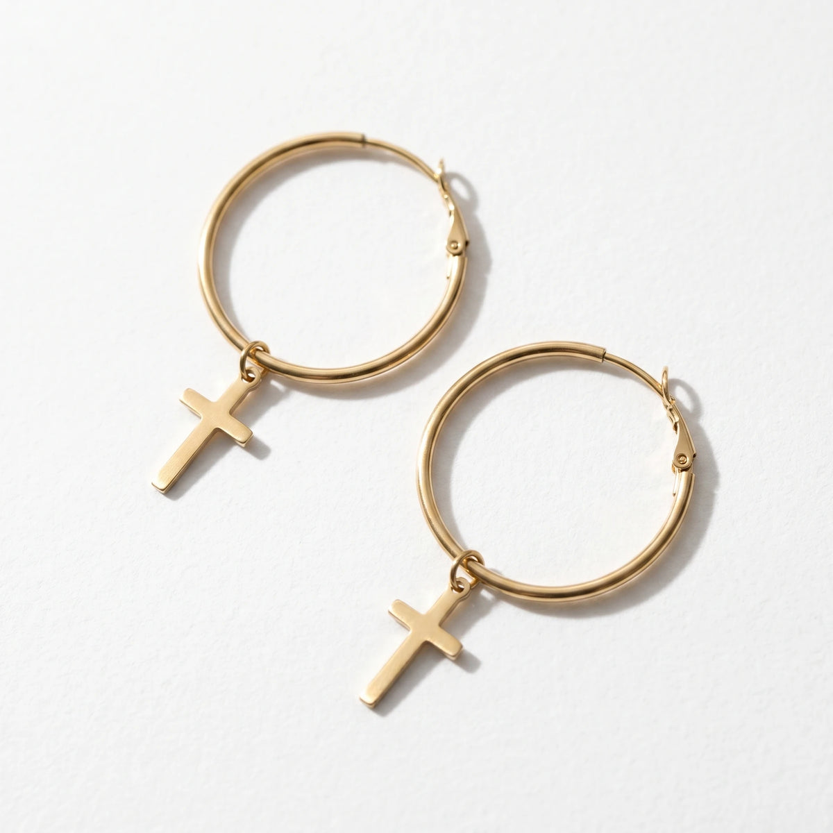QIAOREN 10907 Women's Boho Style Cross Charm Hoop Earrings 18K Gold Plated Stainless Steel 0.3mm Thickness Beach Vacation Summer
