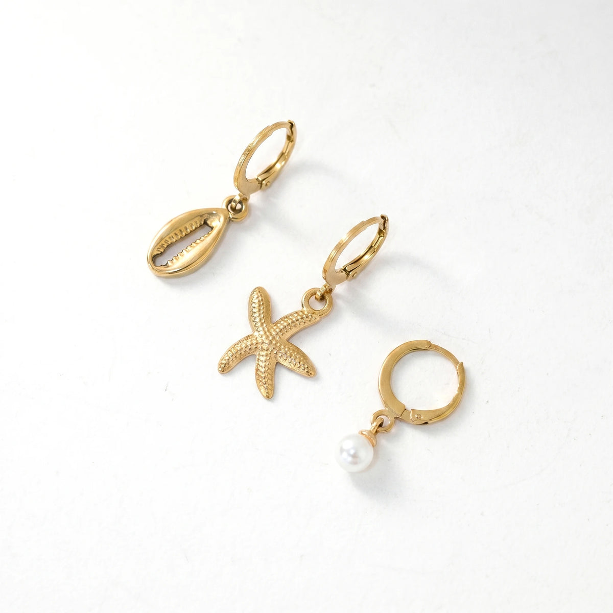 QIAOREN 11849 3Pcs Ocean Huggie Hoop Earrings Set Stainless Steel Gold Cowrie Shell Starfish Pearl Dangle Jewelry for Women US