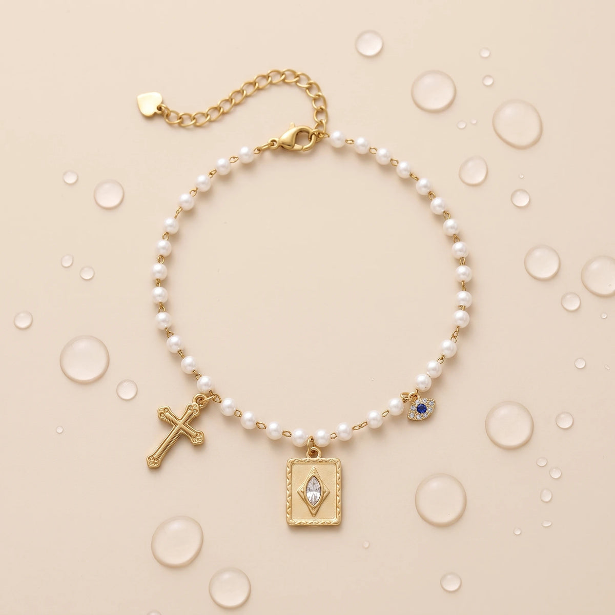 QIAOREN 13327 Vintage Pearl Anklet with Cross, Diamond Square Plate Charms, Mystical Retro Foot Jewelry Gift