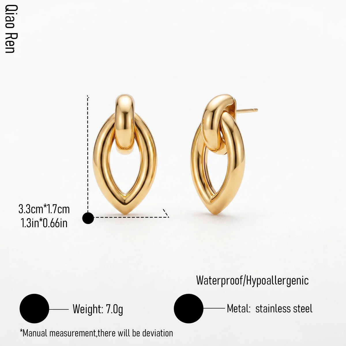 QIAOREN 14533 Waterproof Stainless Steel Hoop Earrings Oval Drop Statement Earrings Hypoallergenic Jewelry Women