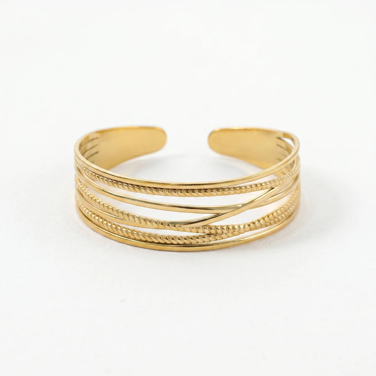 QIAOREN 10993 Luxury Layered Gold Cuff Bracelet Stainless Steel Adjustable Open Bangle for Women Beach Vacation Jewelry