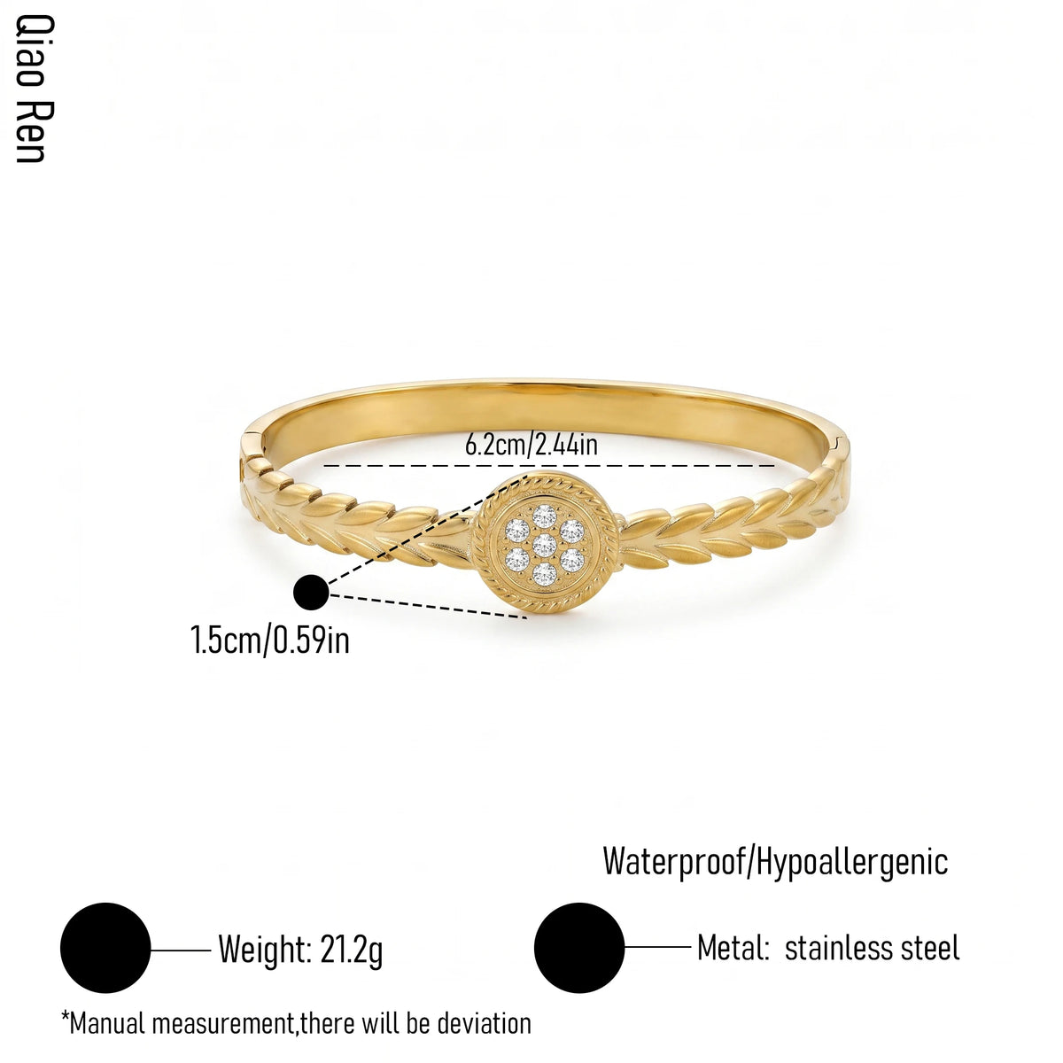 QIAOREN 14104 Stainless Steel Laurel Leaf Bangle Bracelet Waterproof Hypoallergenic CZ Jewelry OEM ODM