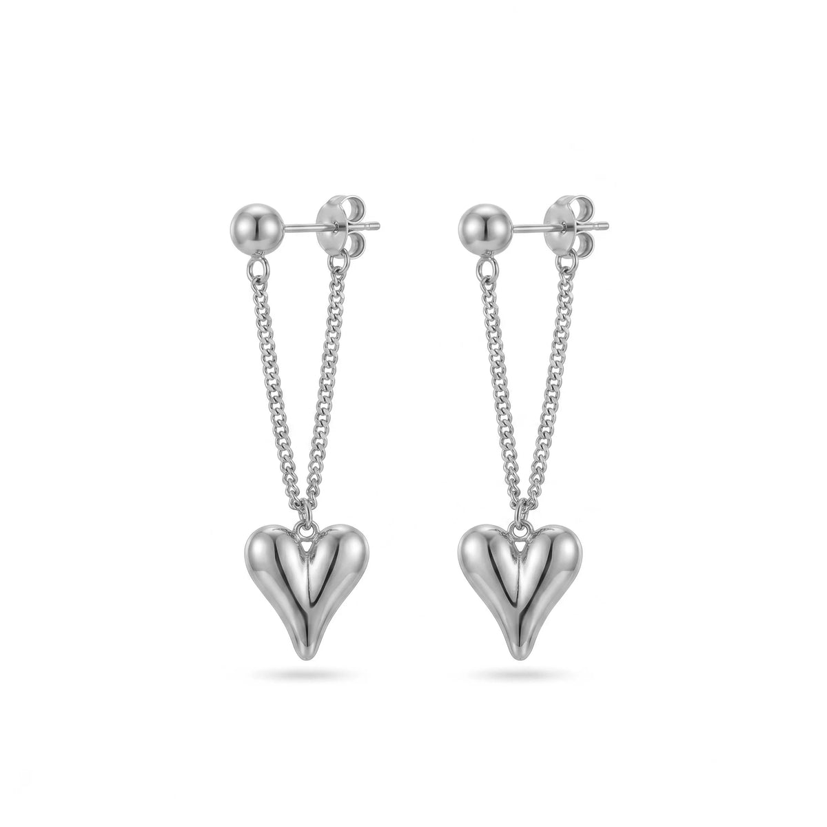 QIAOREN11874 Trendy 3D Puffy Heart Chain Earrings Stainless Steel Gold Ball Stud Bold Love Dangle Jewelry for Women US EU