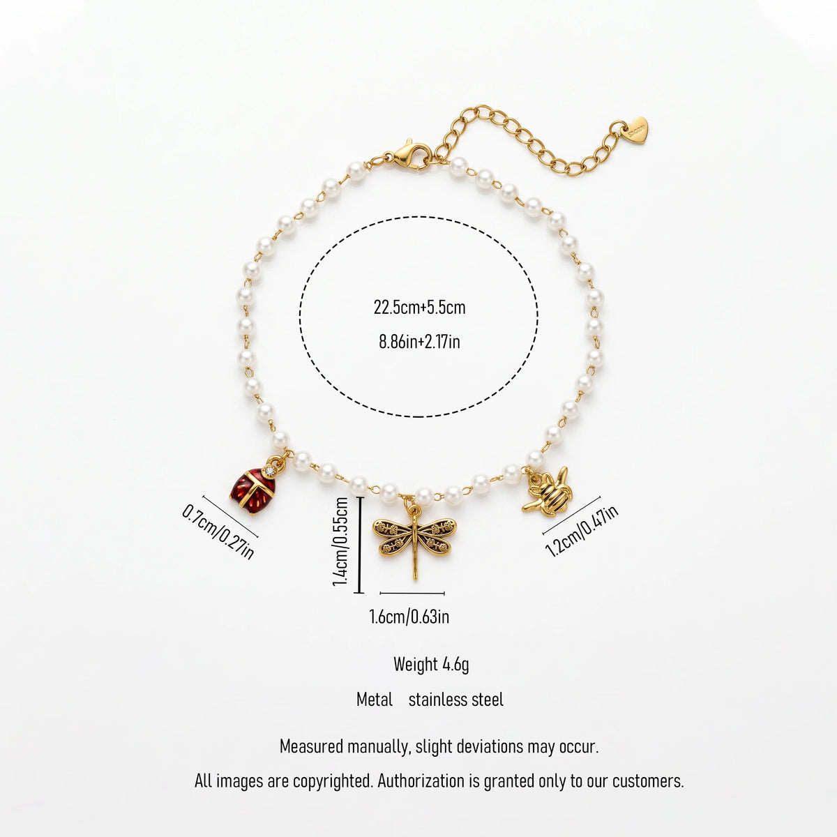 QIAOREN 13307 Vintage Insect Charm Pearl Anklet Stainless Steel Dragonfly Bee Ladybug Lobster Clasp Heart Extension Chain