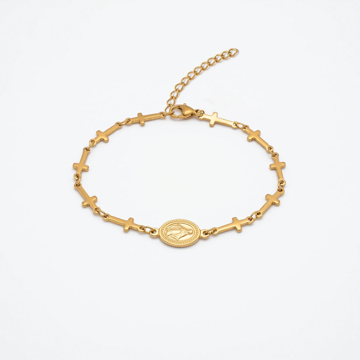 QIAOREN 10574 Miraculous Medal Cross Bracelet 18K Gold Plated Stainless Steel Waterproof Tarnish Free Religious Jewelry