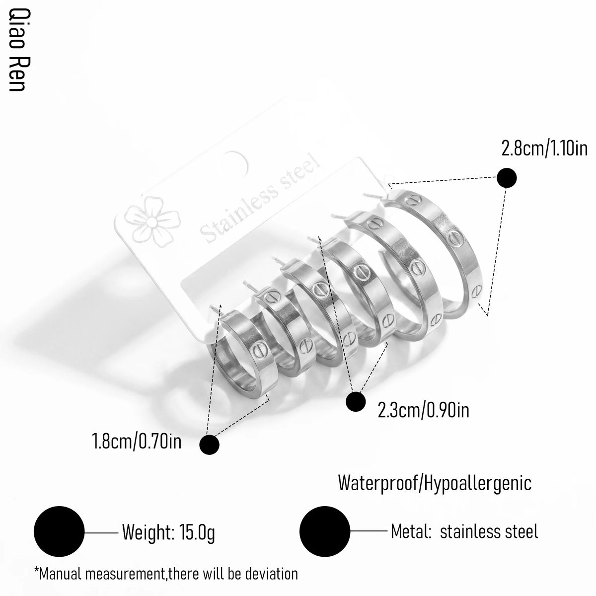 QIAOREN 14595 3 Pairs Decor C Shape Hoop Stud Earring Set, Graduated Size Brushed Hypoallergenic Daily Jewelry Gift Set
