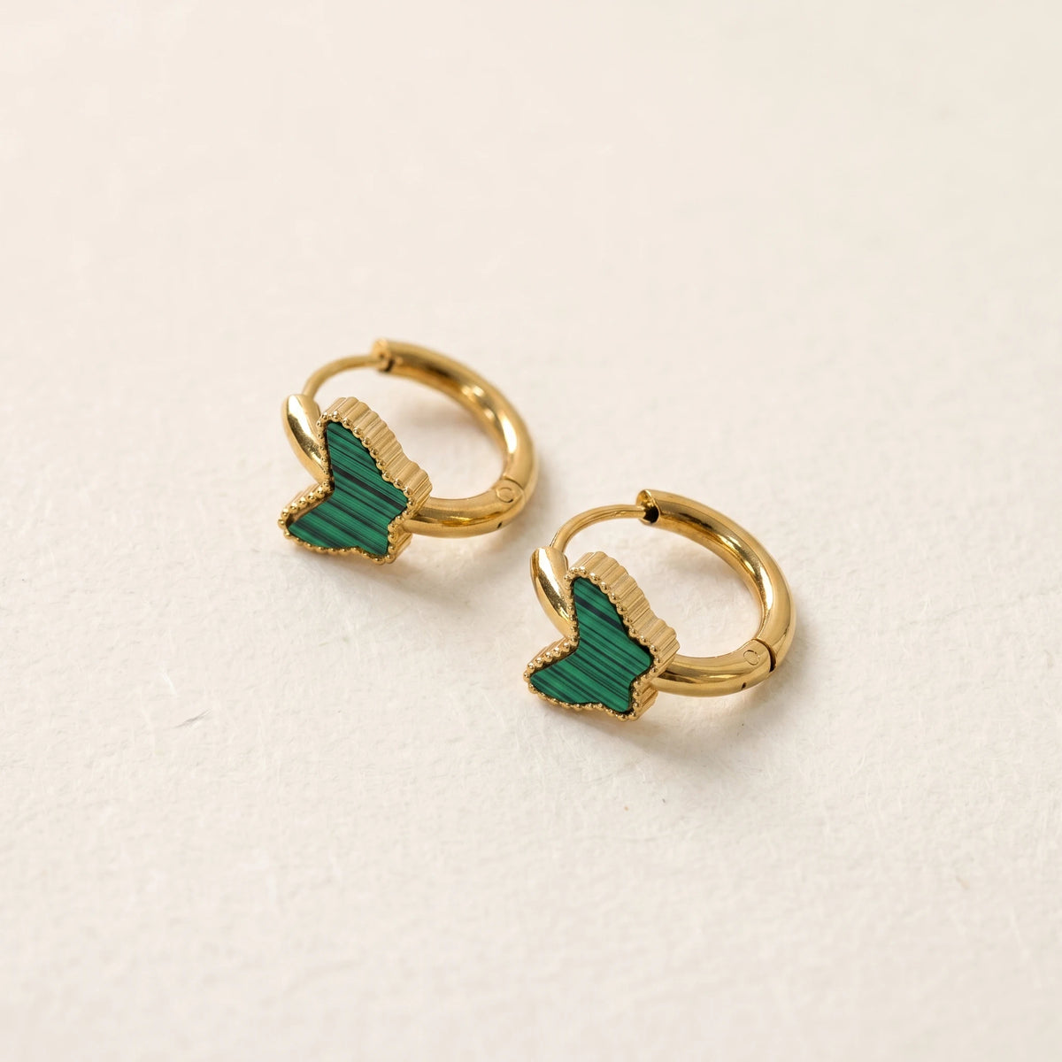 QIAOREN 12158-62 18K Gold Plated Stainless Steel Butterfly  Earrings Multi Color Shell Malachite Hoop Jewelry