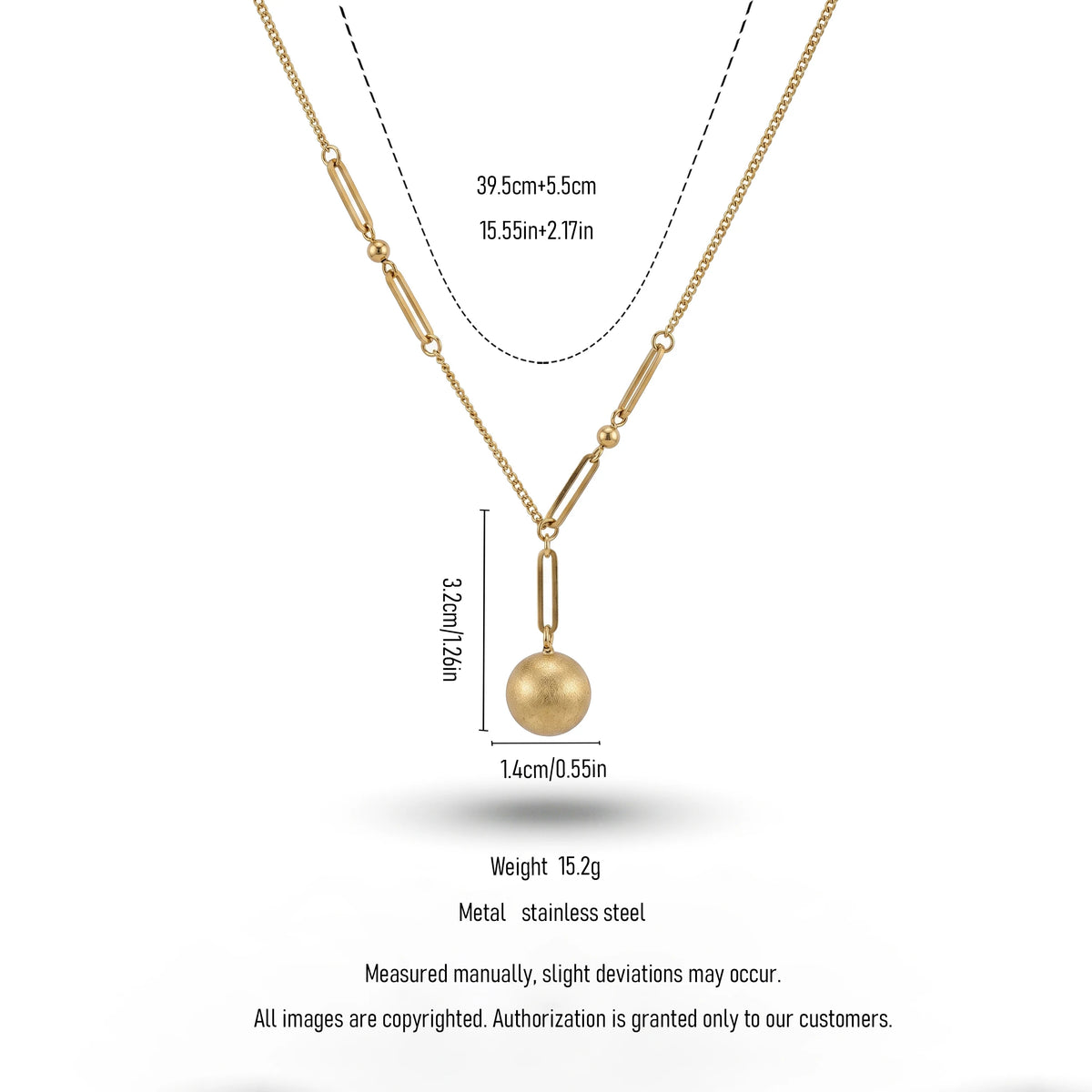 QIAOREN 13986 Mixed Link Chain Pendant Necklace with Matte Frosted Round Ball Charm, Polished Gold