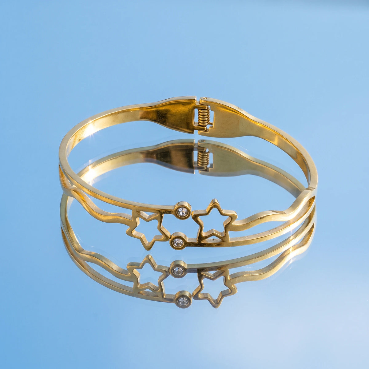 QIAOREN 13652 Open Spring Cuff Bangle with Hollow Double Star & Tiny Round Zircon Inlay, Wavy Curved Thin Gold Bangle