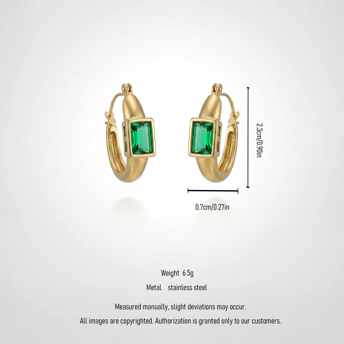 QIAOREN 12432  Emerald Green Hoop Earrings Gold Stainless Steel Bezel Set Rectangular CZ Huggie Hoops US EU