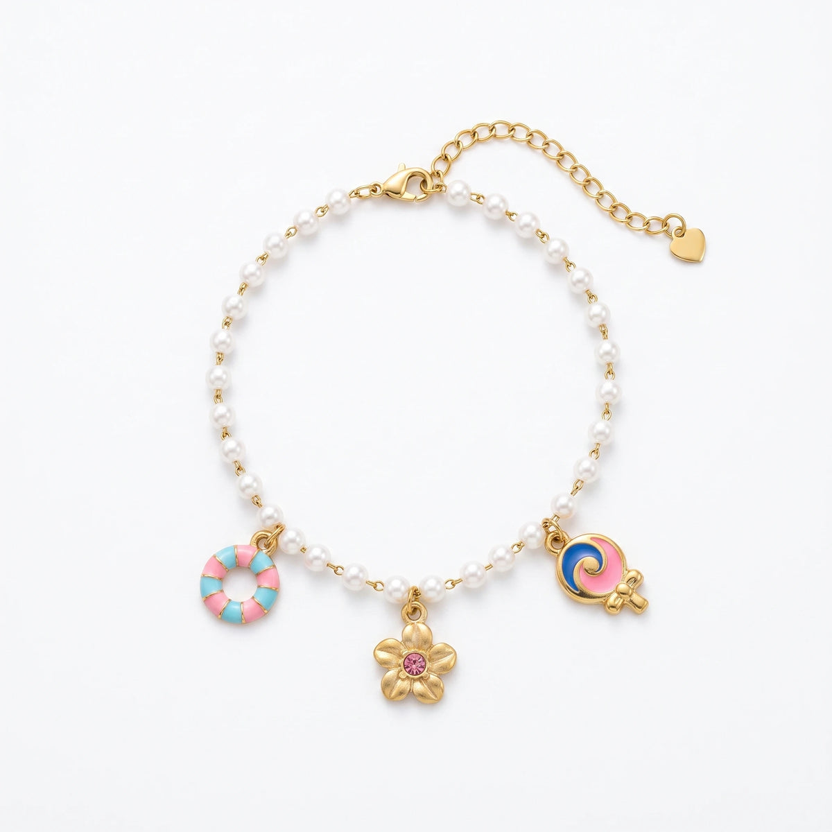 QIAOREN 13322 Tiny Pearl Anklet with Swim Ring, Flower & Lollipop Charms, Sweet Foot Jewelry Gift for Summer Casual Vibe