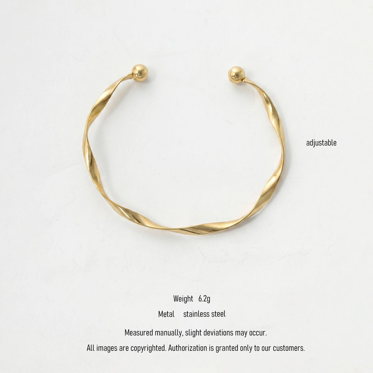 QIAOREN 11011 Minimalist Twisted Gold Cuff Bracelet Stainless Steel Adjustable Open Bangle for Women Beach Jewelry