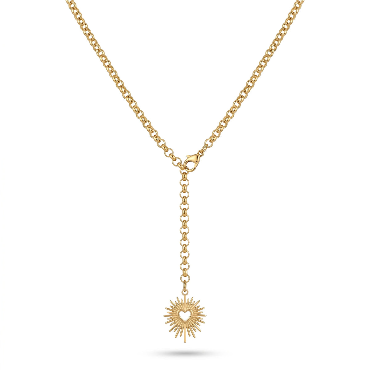QIAOREN 11801 18K Gold Plated Stainless Steel Anti-Tarnish Sunburst Heart Lariat Y-Necklace Adjustable Dainty Pendant for Women