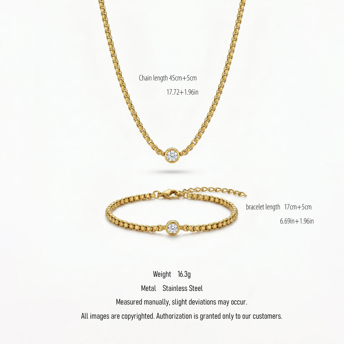 QIAOREN 10542 18K Gold Plated Stainless Steel Chain Jewelry Set - Waterproof CZ Bezel Solitaire Necklace & Bracelet for Women