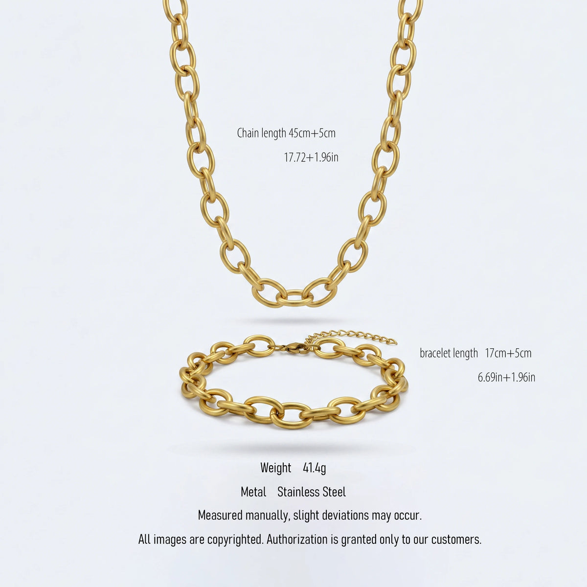 QIAOREN 10543 18K Stainless Steel Trendy Oval Link Chain Necklace Bracelet Waterproof Tarnish Free Adjustable Jewelry Set