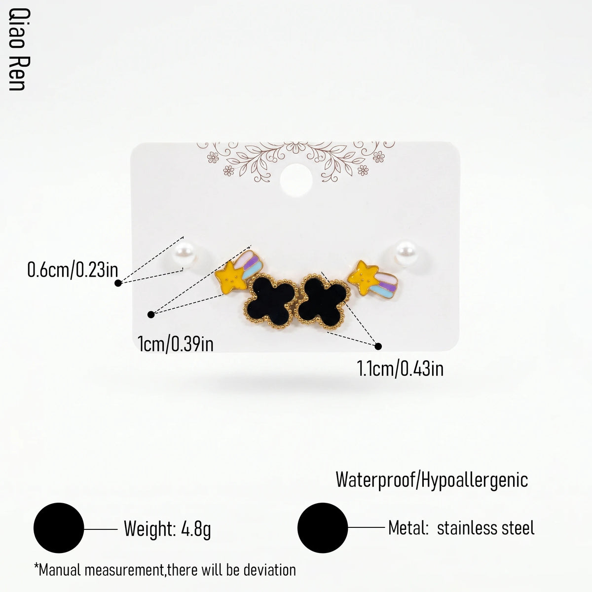 QIAOREN 14505 Stainless Steel Black Clover Shooting Star Pearl Tiny Studs Multi Pack Fashion Jewelry Gift