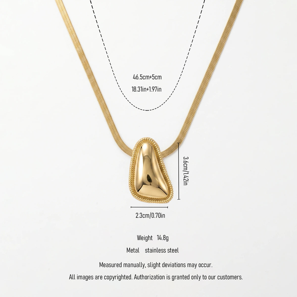 QIAOREN 11835 Stainless Steel Gold Herringbone Chain Necklace Irregular Teardrop Pendant Adjustable Women Jewelry