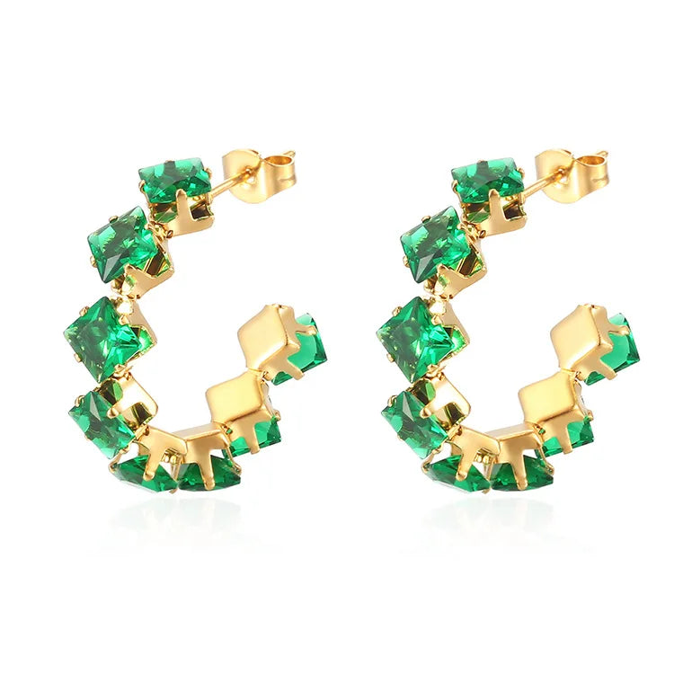 QIAOREN 12208-16  Gold Plated Stainless Steel Rainbow Square CZ Huggie Hoop Earrings