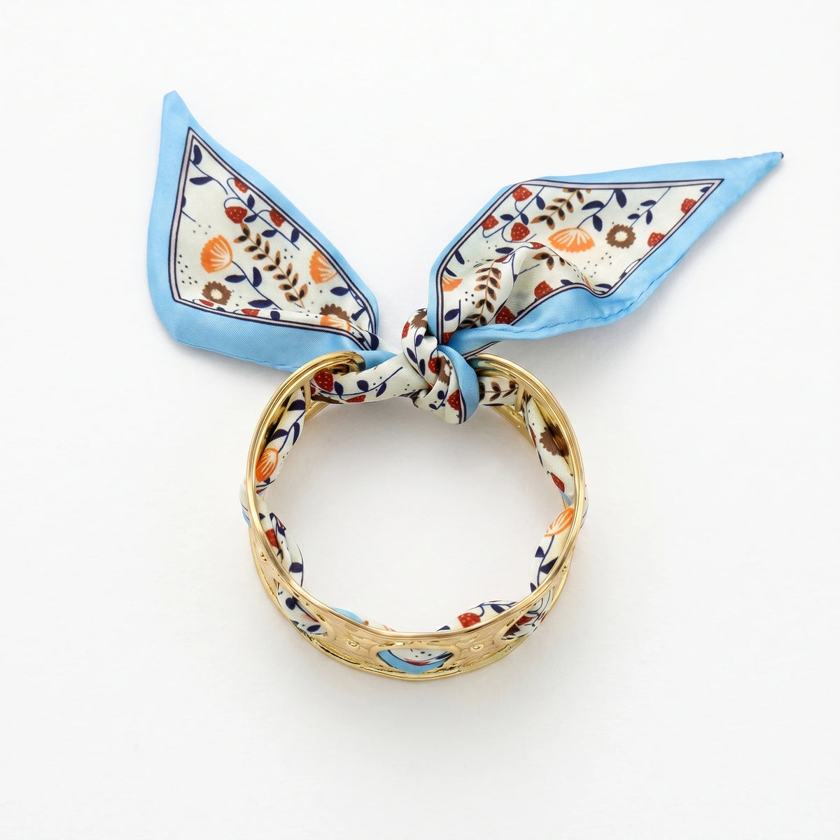 QIAOREN 11001 Vintage Floral Scarf Bracelet Gold Stainless Steel Wide Cuff Adjustable Beach Resort Jewelry for Women