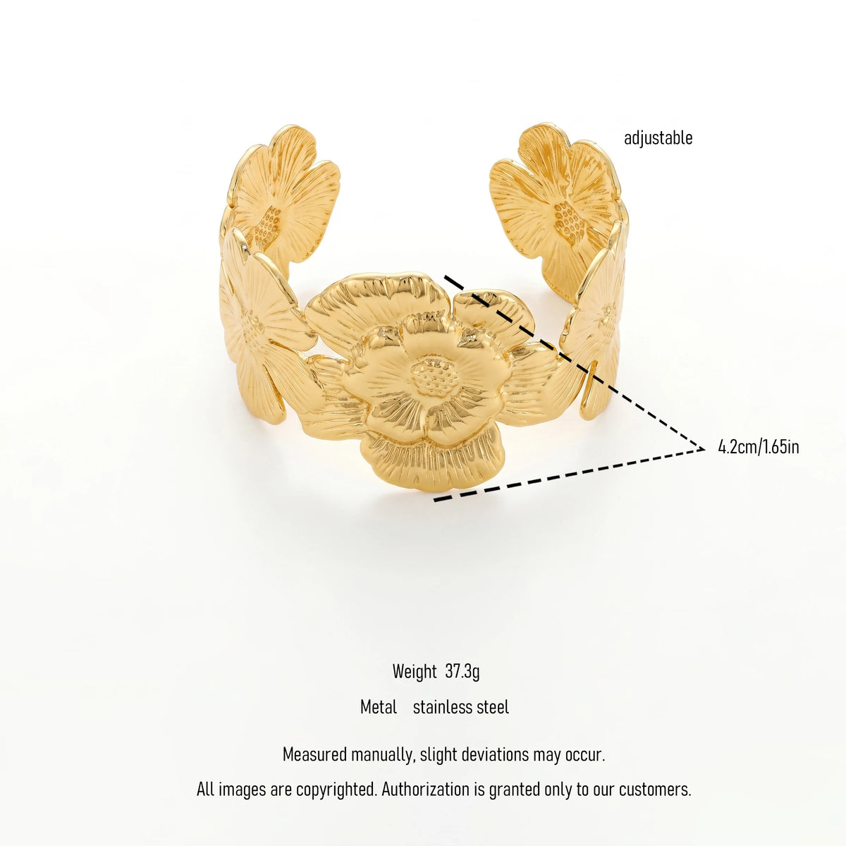 QIAOREN 12716 Vintage Overlapping Veined Floral Wide Cuff Charm Bracelet Hypoallergenic Stainless Steel Gold Plated Moon Shape