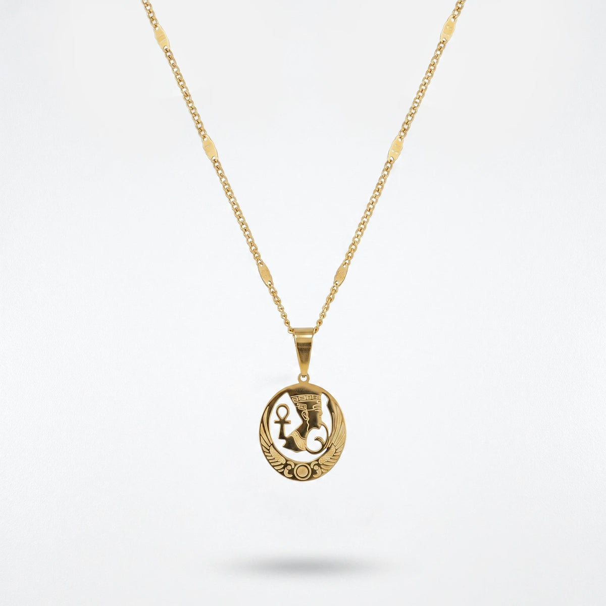 QIAOREN 11858 Trendy Egyptian Pharaoh Ankh Pendant Necklace Stainless Steel 18K Gold Plated Jewelry for Women Men US EU Hot