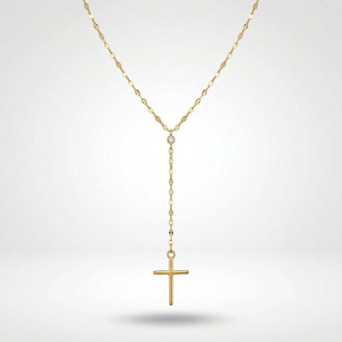 QIAOREN 11312 Waterproof 18K Gold Plated Cross Lariat Necklace Stainless Steel Beach Sunset Faith Jewelry for Women
