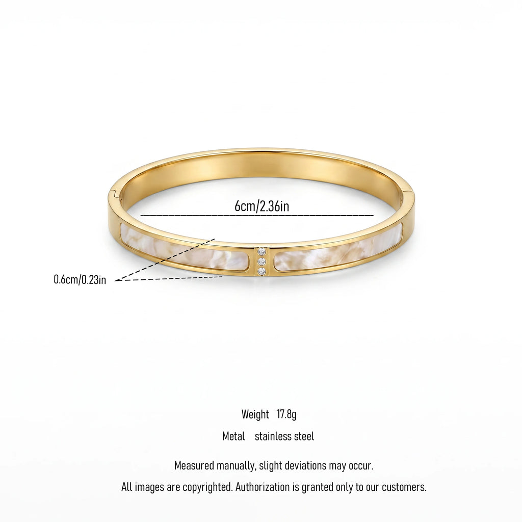 QIAOREN 13663 Flat Open Bangle Bracelet with Dual Inlaid White Mother of Pearl Panels & Three Vertical Tiny Zircon