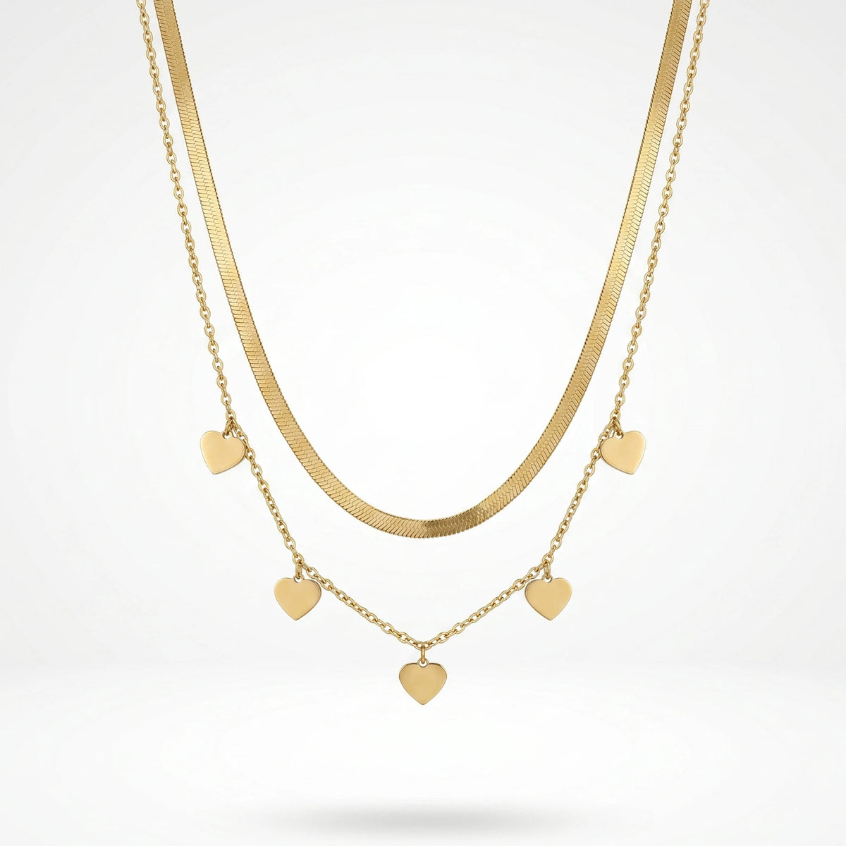 QIAOREN 11645 Stainless Steel Gold Double Layer Necklace Herringbone Chain Tiny Heart Charms Adjustable Women Jewelry Gift