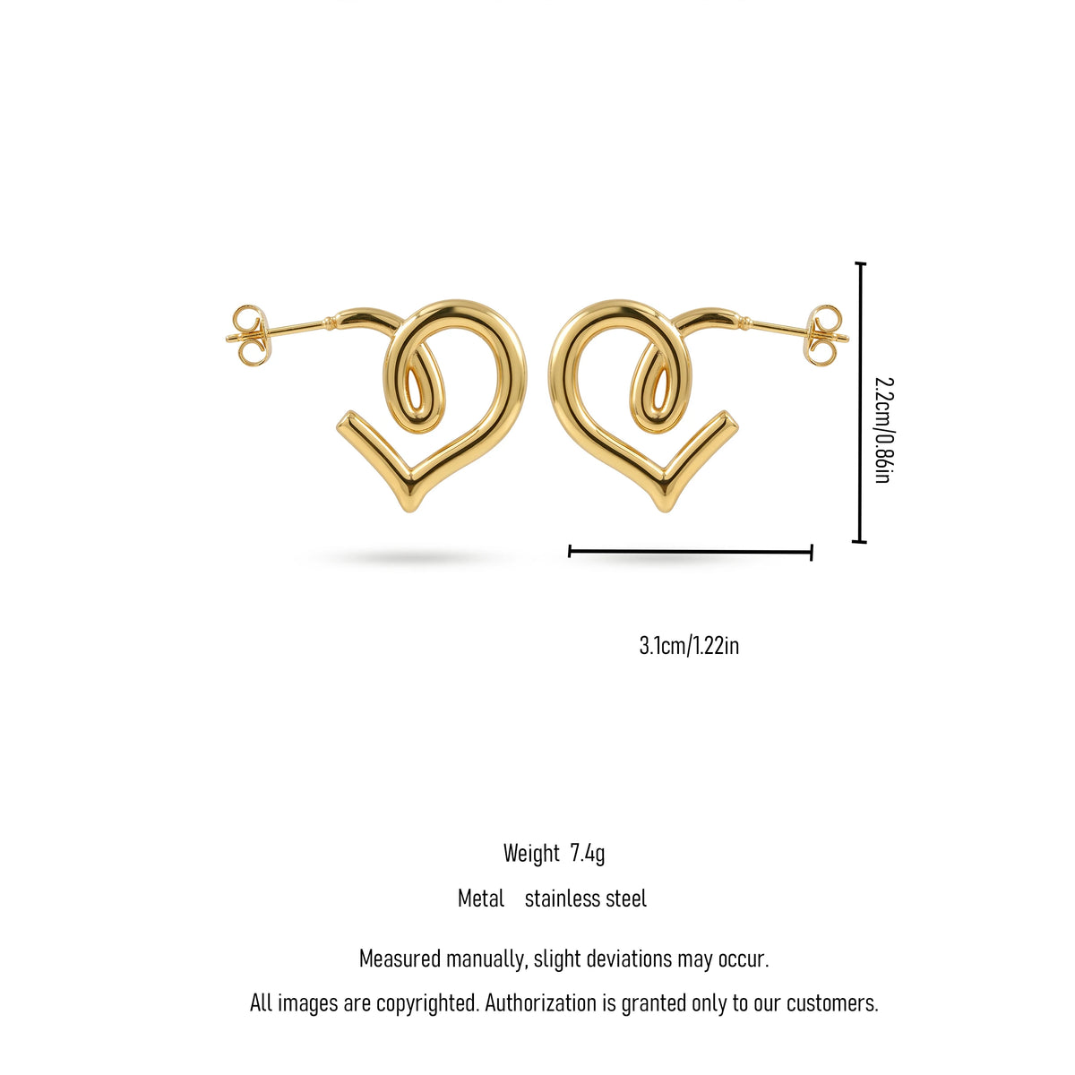 QIAOREN 12394 Waterproof Tarnish Free Infinity Knot Heart Earrings 18K Gold Plated Stainless Steel Sleek Swirl C-Hoops Party