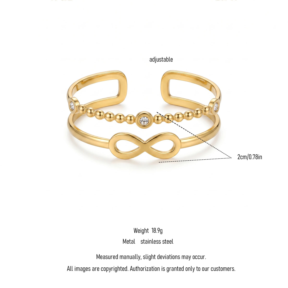 QIAOREN 11884 Minimalist Double Layer Infinity Cuff Bracelet 18K Gold Stainless Steel Beaded CZ Open Bangle Daily Wear Jewelry