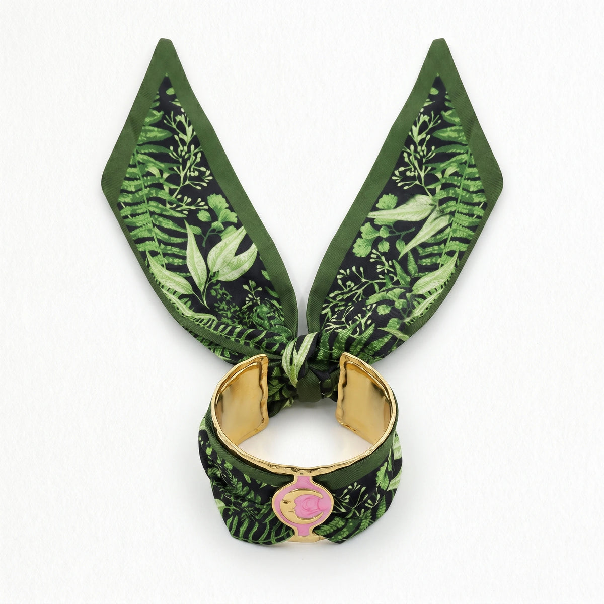 QIAOREN 11005 Tropical Leaf Print Scarf Bracelet Gold Stainless Steel Adjustable Cuff Beach Vacation Jewelry for Women