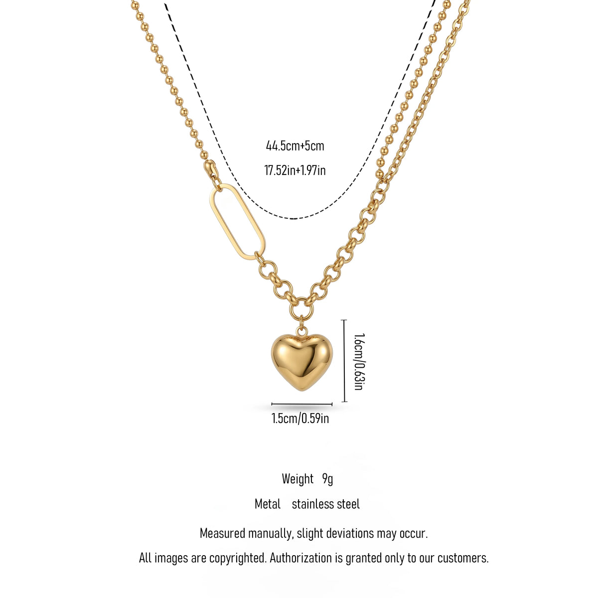 QIAOREN 11812 18K Gold Plated Stainless Steel Anti-Tarnish Hypoallergenic Mixed Bead & Paperclip Chain Heart Pendant Necklace