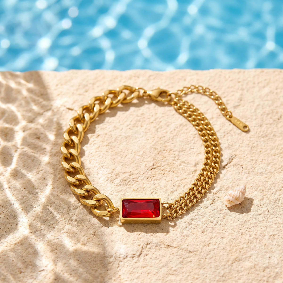 QIAOREN 13358 Gold Plated Stainless Steel Cuban Link Bracelet Red Crystal Chunky Chain Statement Jewelry for Women