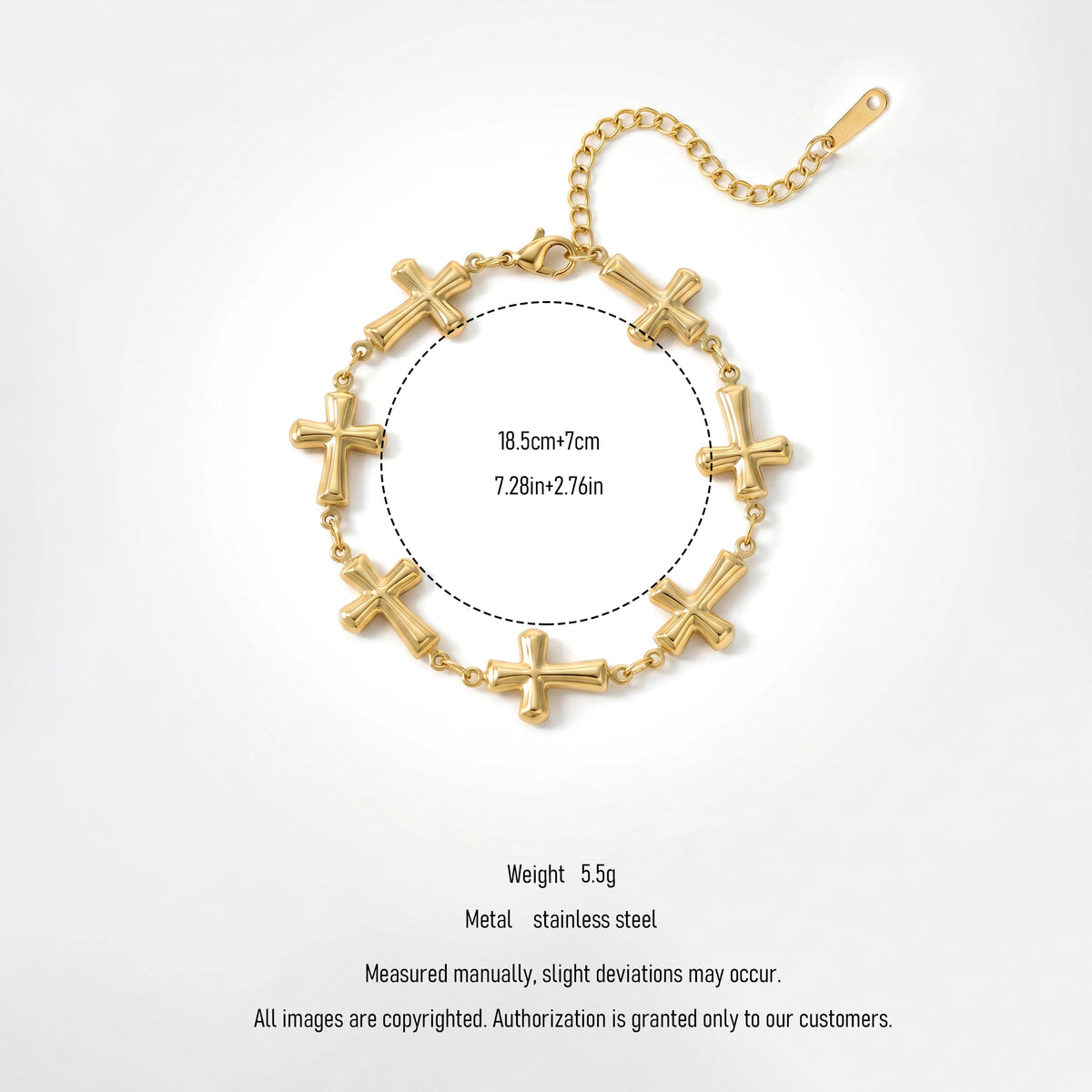 QIAOREN12057 18K Gold Plated Stainless Steel Puffy Cross Link Bracelet Adjustable  Chain Religious Trend Jewelry for US EU Women