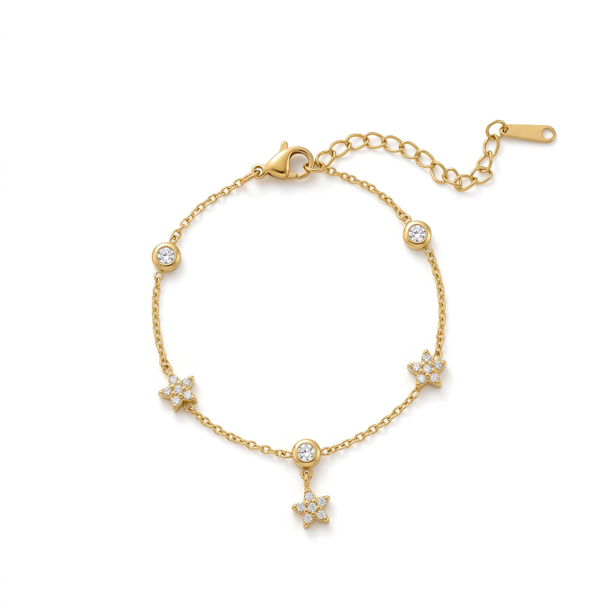 QIAOREN 13363 Gold Plated Stainless Steel CZ Star Station Bracelet Dainty Minimalist Chain Bracelet for Women