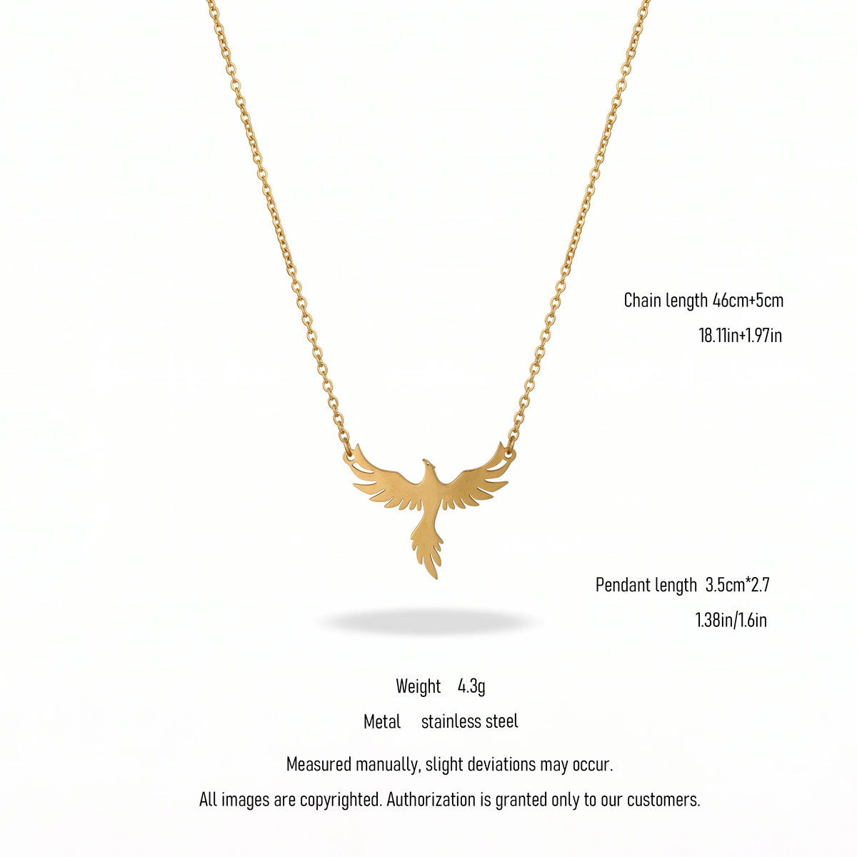 QIAOREN 10853 Stainless Steel Phoenix Pendant Necklace 18K Gold Adjustable Cable Chain Myth Bird Jewelry Gift for Women